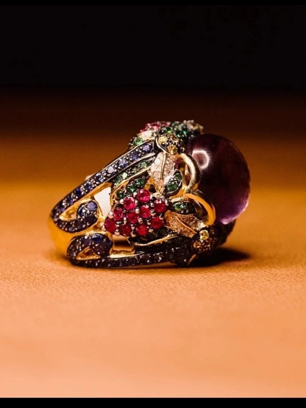 ✨ 18K Yellow Gold Multi-Gemstone & Diamond Ring 💜 Amethyst Cabochon Size 7¼